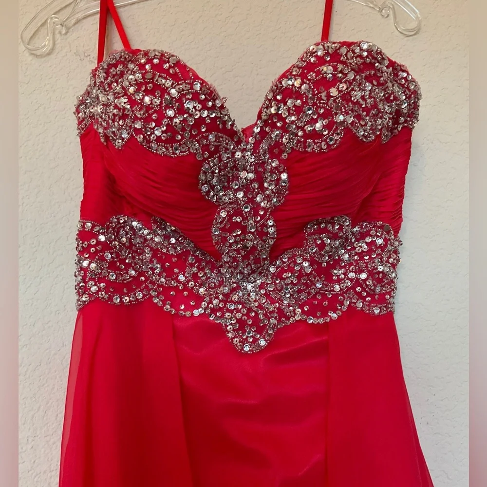 Mac Duggal Strapless Red Gown with Silver Detailing - Picture 3 of 16
